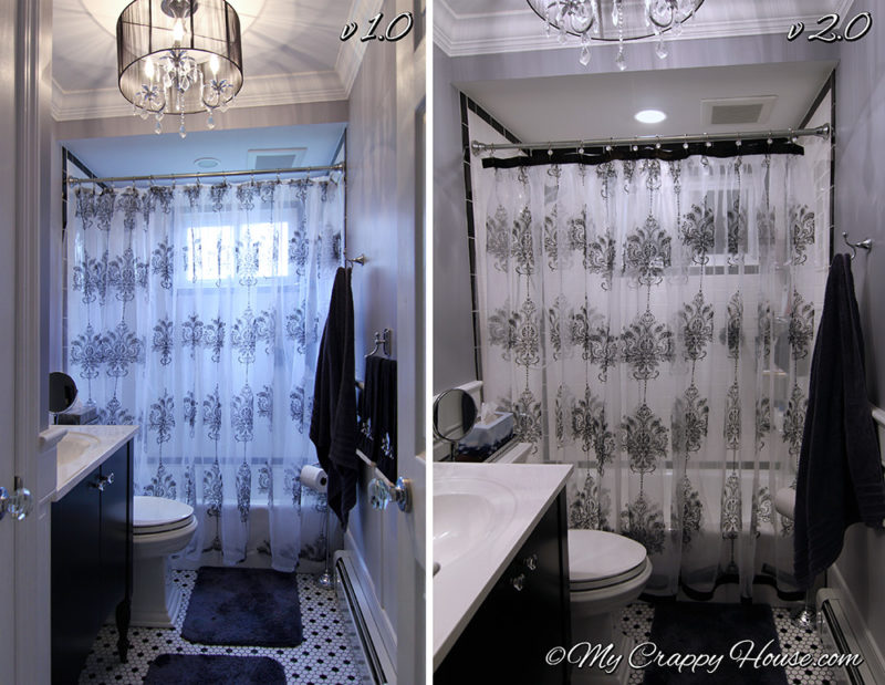 Two versions of a hand made shower curtain hanging in a victorian style bathroom