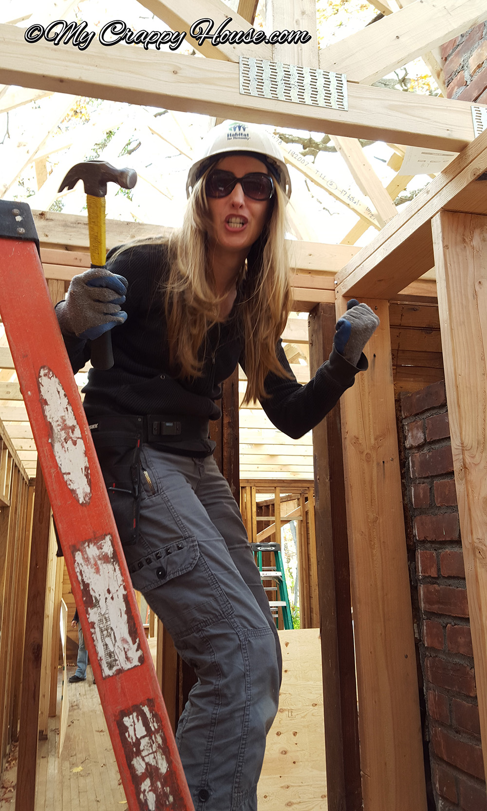 Woman holding a hammer standing on a ladder at Habitat for Humanity house