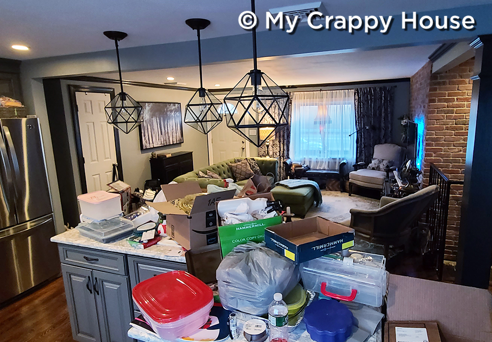 Living room clean with messy island