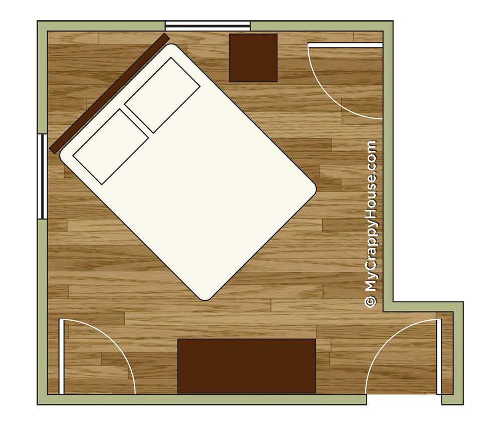 Bedroom floor plan with bed placed in the corner