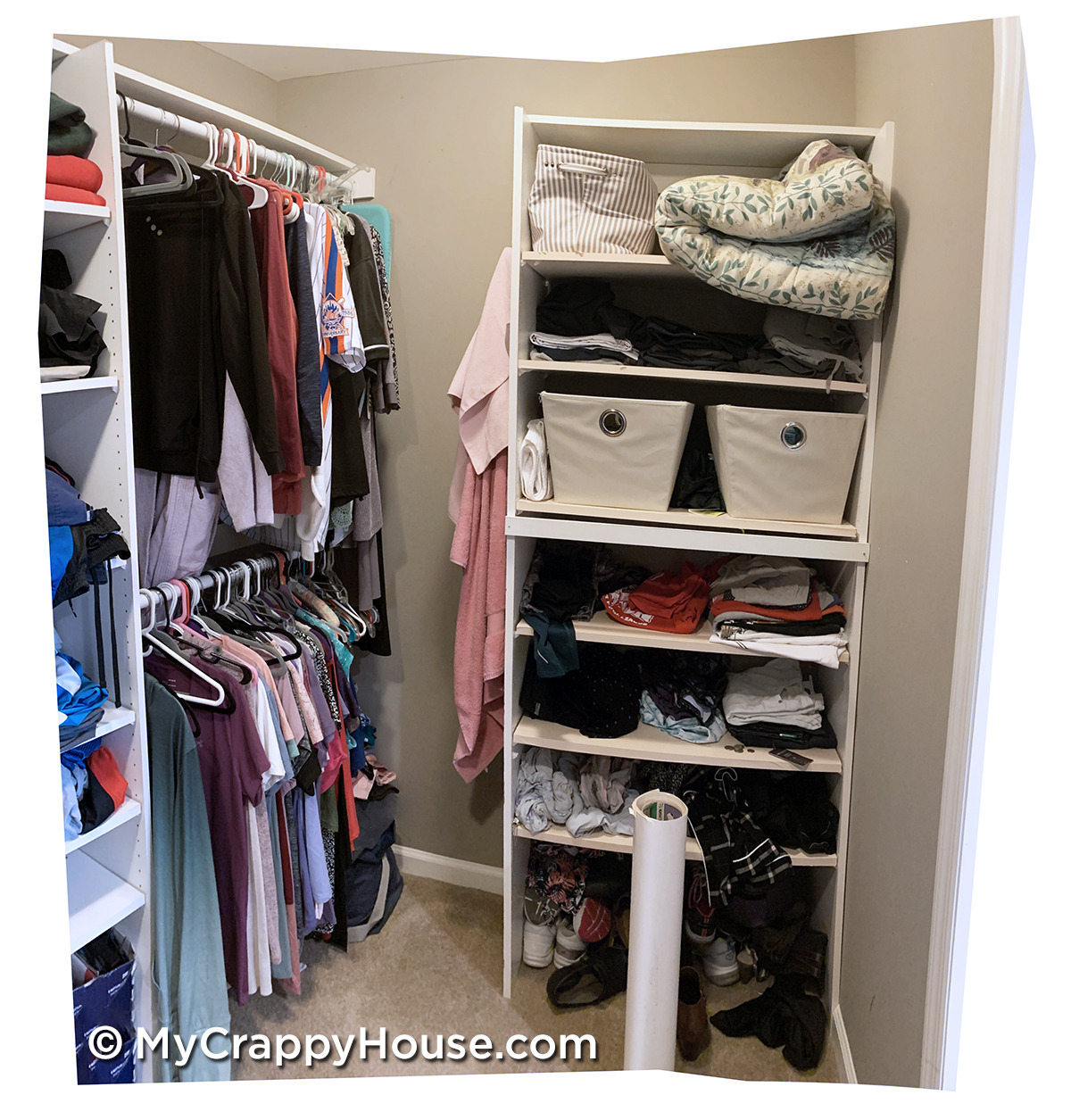 Shelves with clothes in a walk in closet