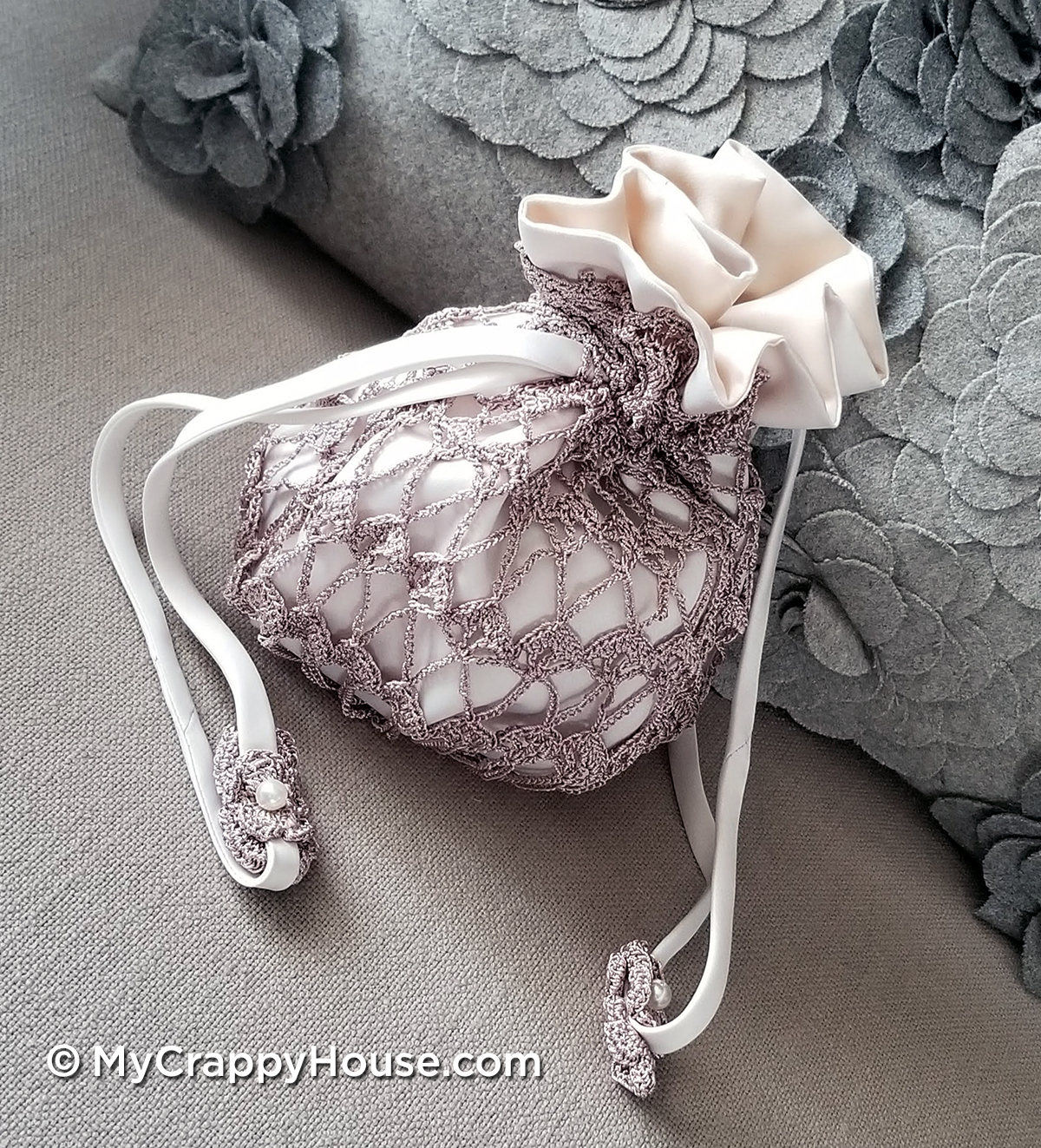 Crocheted drawstring wedding purse