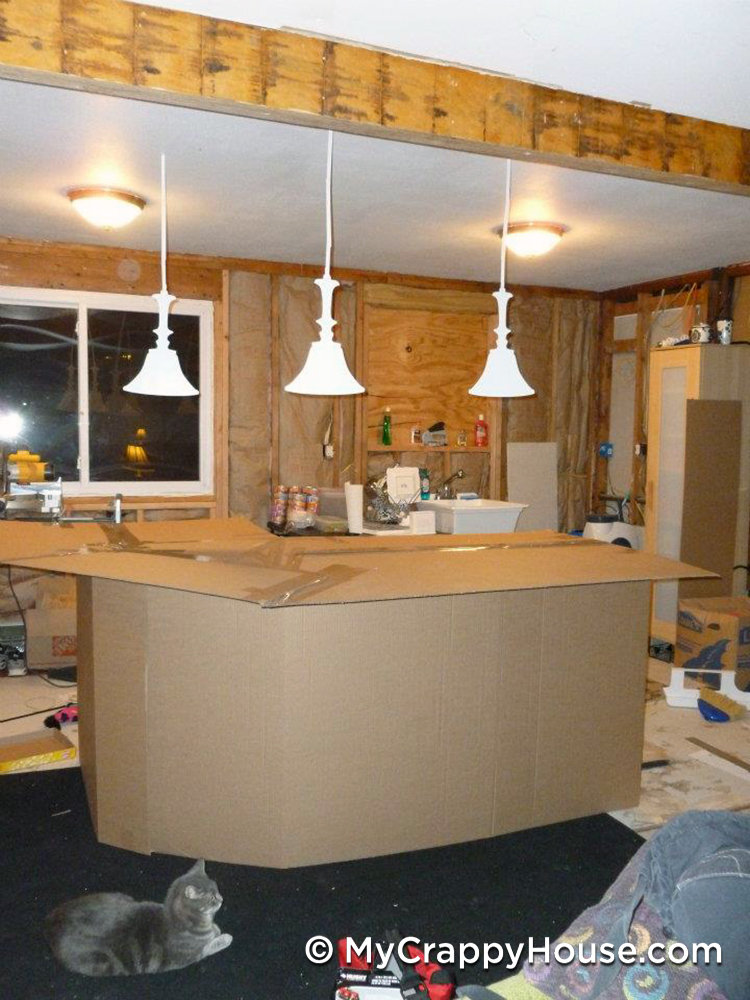 Kitchen island and pendants made of cardboard