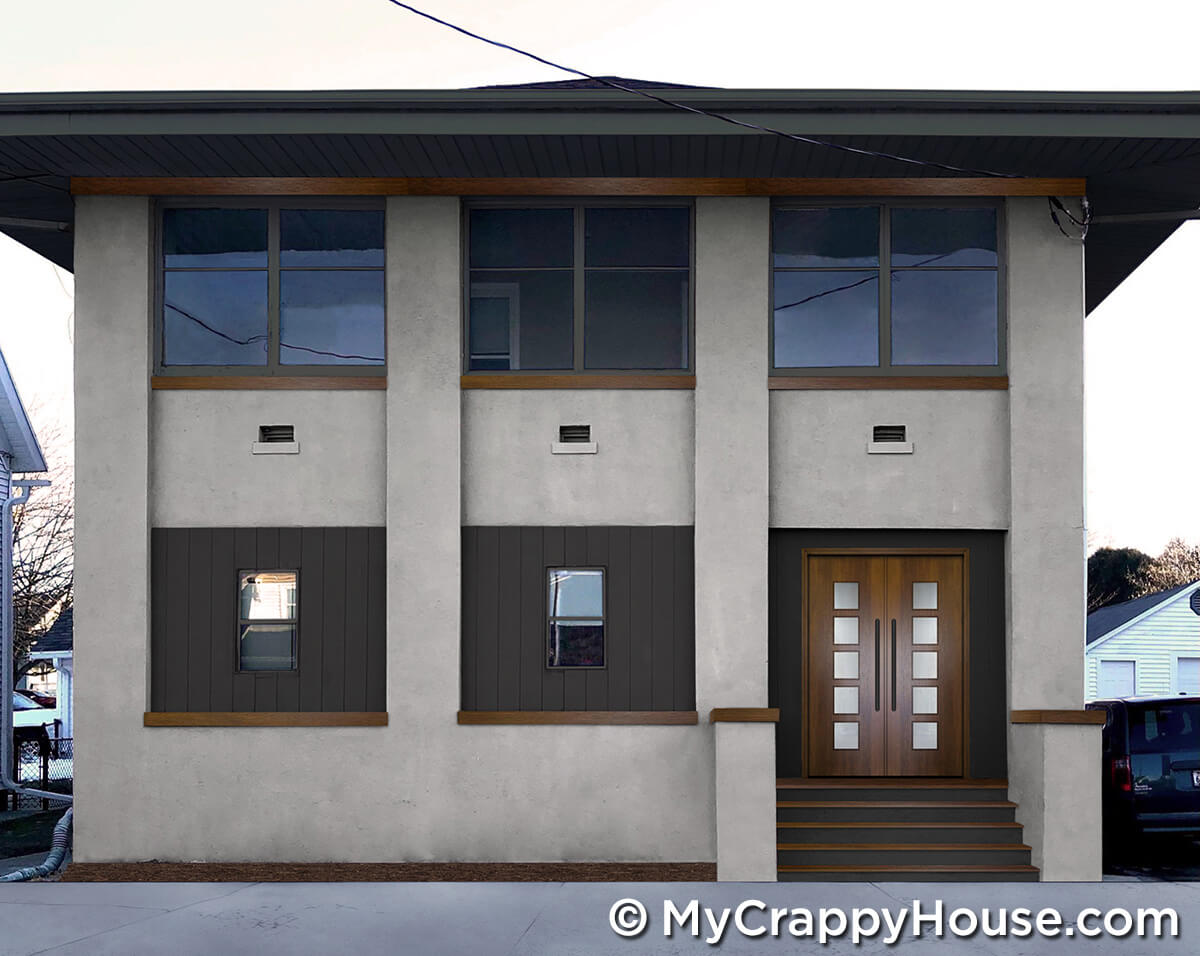 Unusual beige house with wood trim and curb appeal