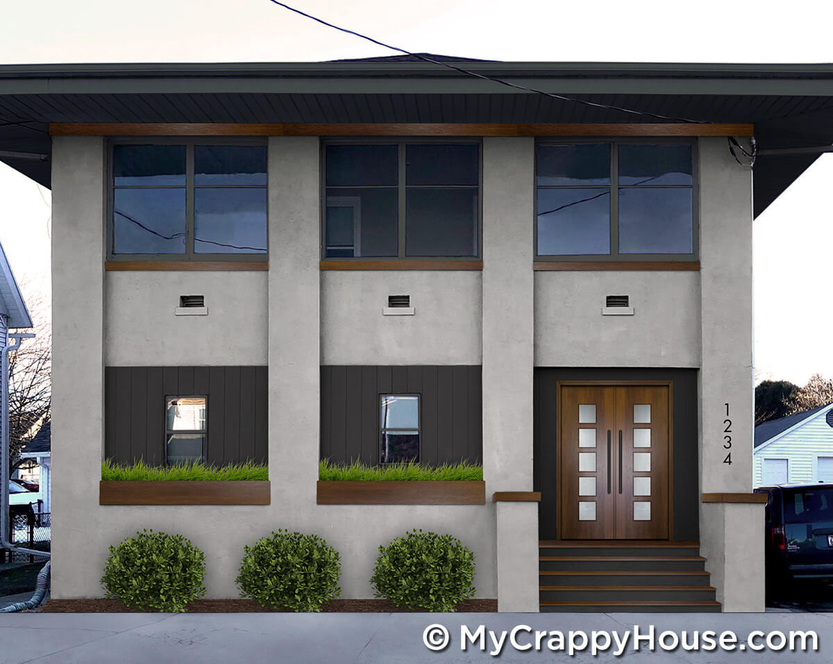 Unusual modern beige house with wood trim and curb appeal