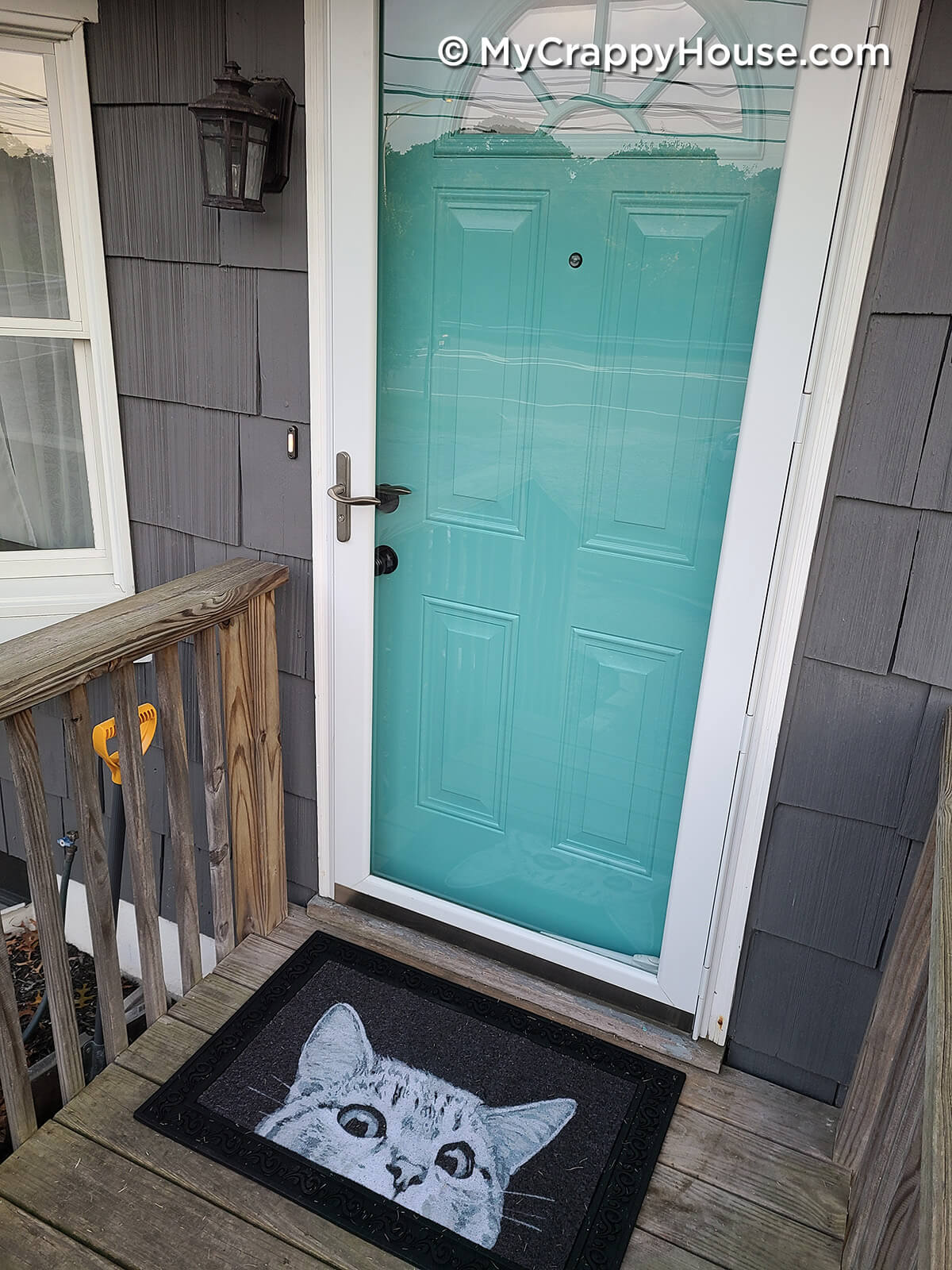 Close up of cat face doormat with aqua sky door