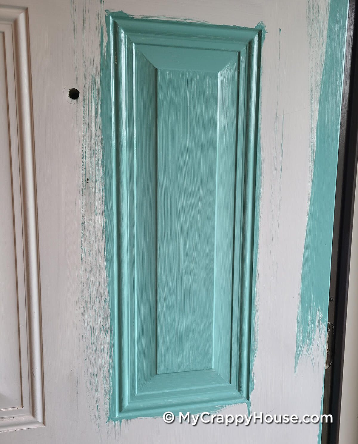 Close up of a front door panel painted aqua sky