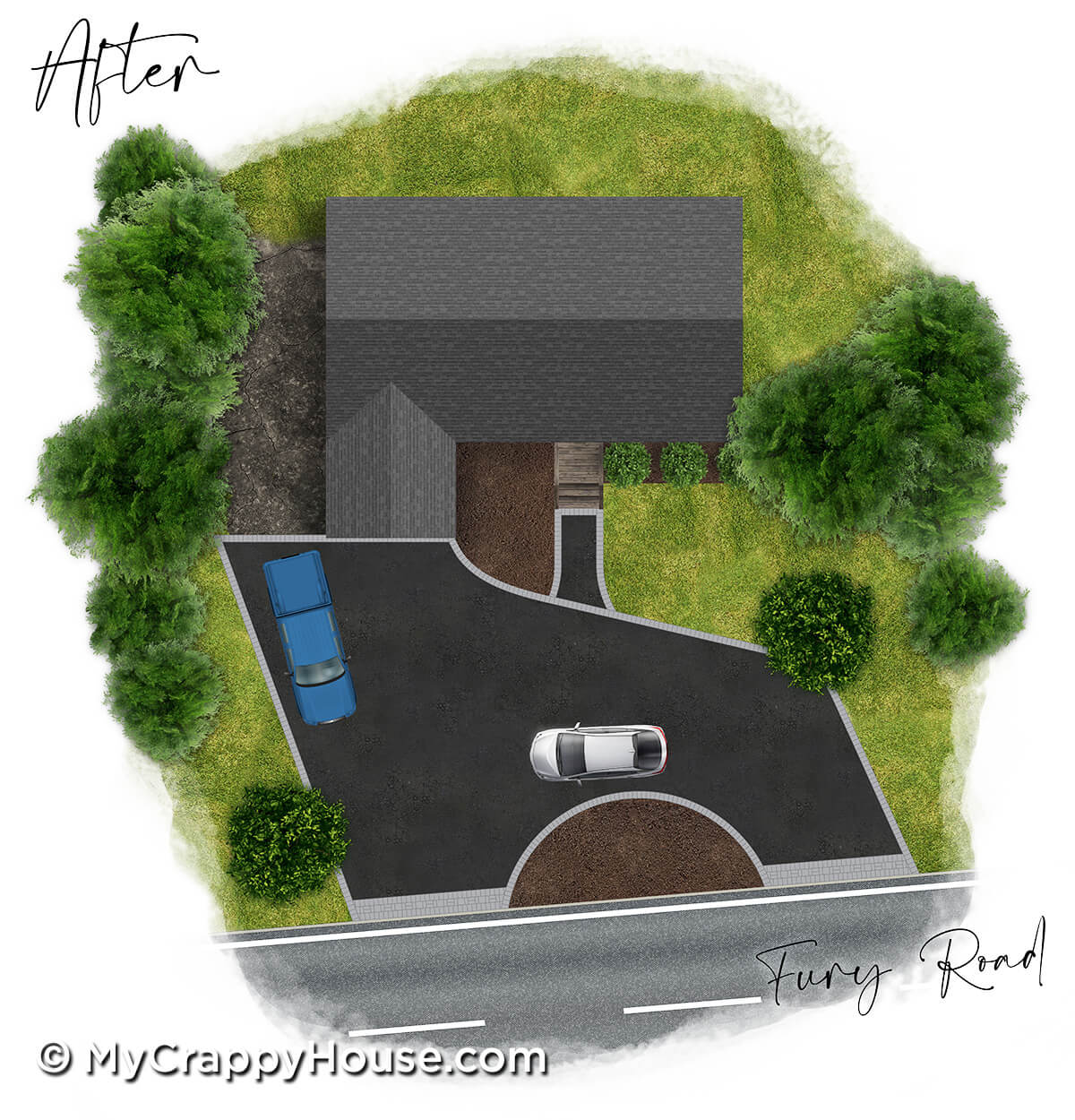 Birds eye view of house with asymmetrical asphalt in and out driveway. Two cars parked.