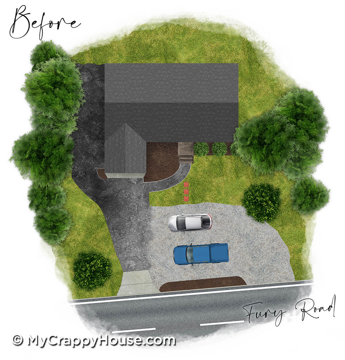 Birds eye view of house showing the layout of old crappy driveway with two cars parked in it