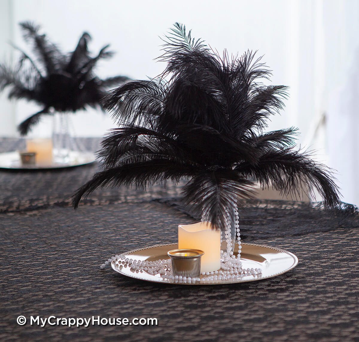 1920s Wedding Centerpieces with Ostrich Feathers, Pearls and Candles