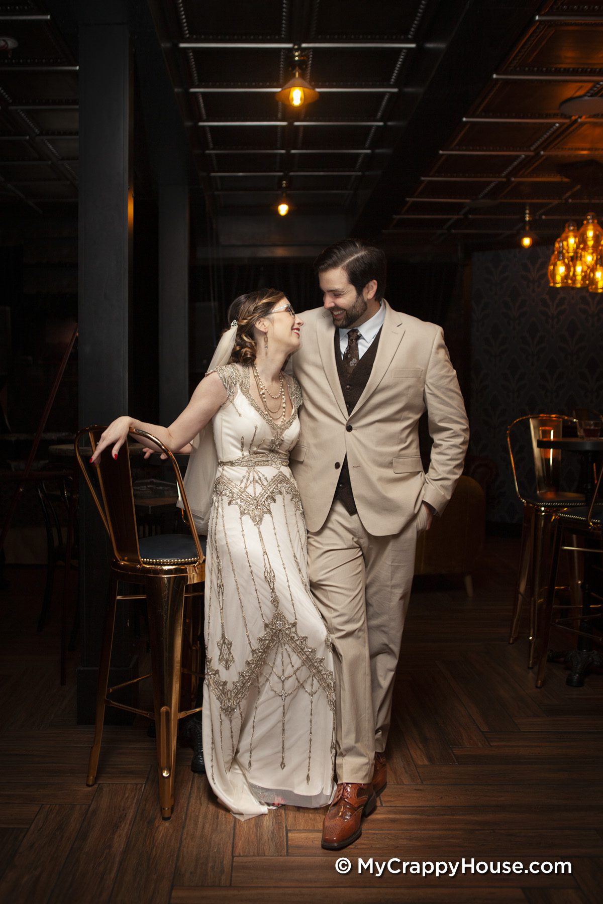 roaring 20s wedding couple in speakeasy