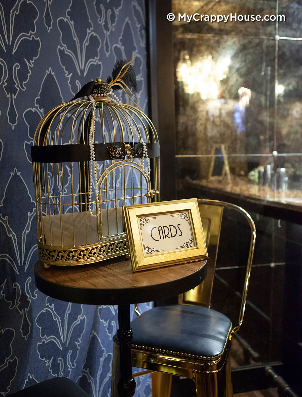 1920s Wedding Art Deco Gold Birdcage With Pearls and Feathers for Cards 