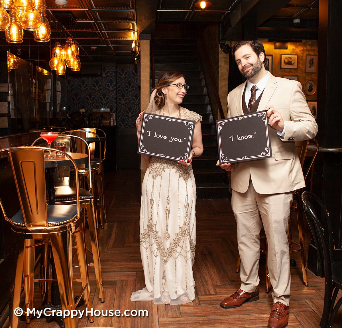 1920s themed wedding with silent movie title signs