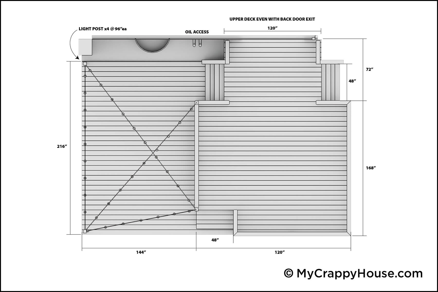 Overhead architectural drawing of a two-level deck showing dimensions, board layout, stair locations, railing posts, and lighting placement.