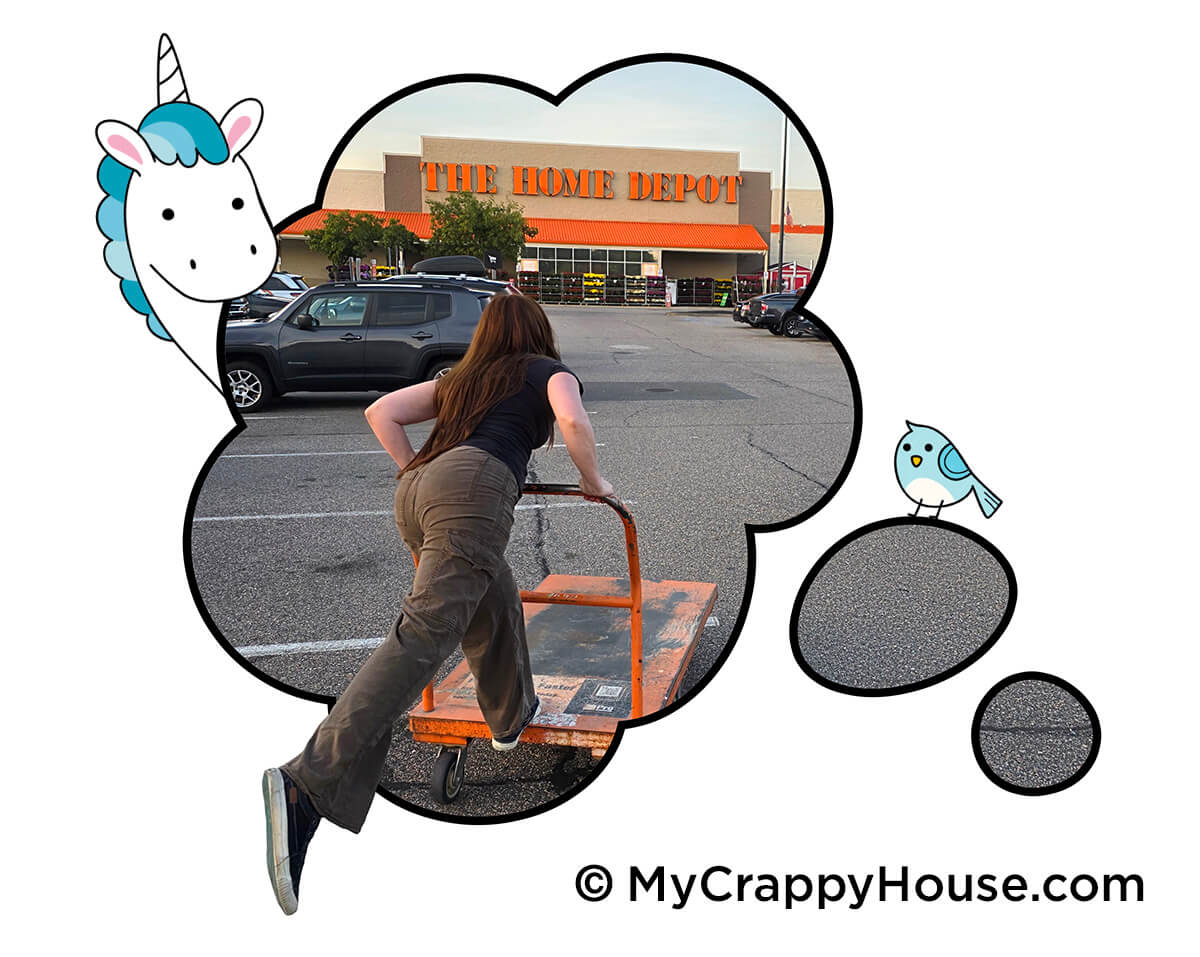 Illustration showing a woman pushing a Home Depot flat cart in the parking lot inside a thought bubble, with cartoon characters like a unicorn and a bluebird surrounding the scene.