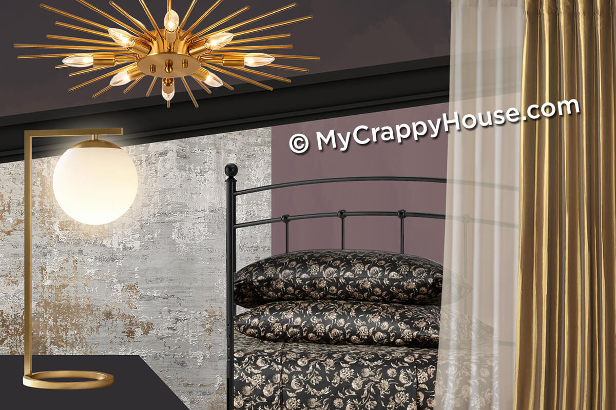 Bedroom mood board featuring a gold starburst ceiling light, a modern globe table lamp, gold curtains, a black metal bed frame, and bedding with a dark floral pattern