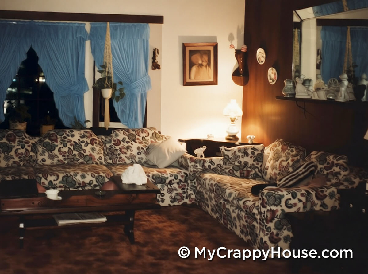 Nighttime photograph of a 1980s decorated living room with floral-patterned sofas, blue sheer curtains over a dark window, a brown carpet, a wood-paneled accent wall with a mirror and figurines, a coffee table, and table lamps casting warm light.