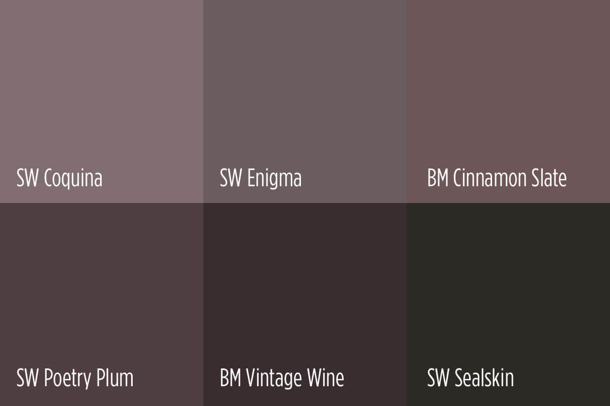 Grid of six paint swatches labeled SW Coquina, SW Enigma, BM Cinnamon Slate, SW Poetry Plum, BM Vintage Wine, and SW Sealskin