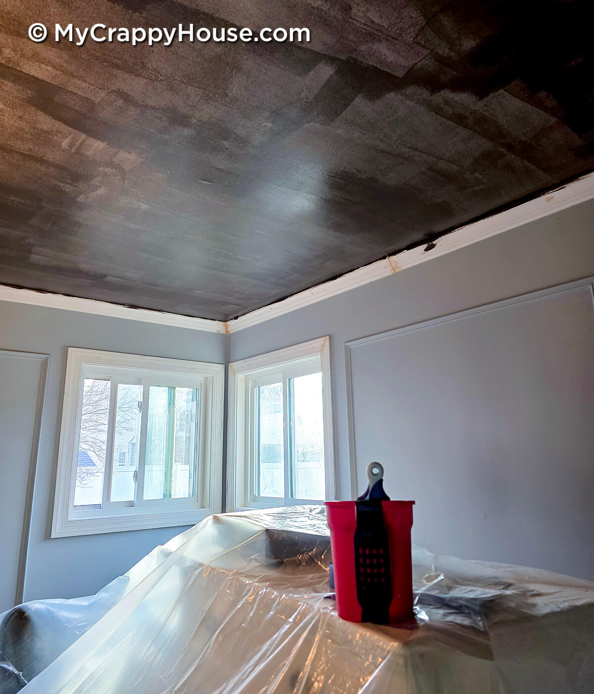 One coat of dark paint on a ceiling in a bedroom makeover project with crown molding and walls primed for paint, furniture covered in plastic during DIY renovation