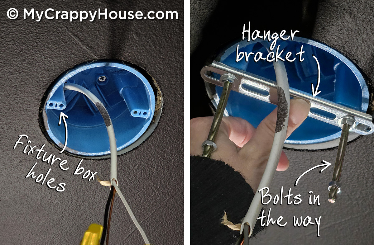 Close-up of ceiling electrical box and light fixture hanger bracket showing mounting bolts blocking screw holes during installation