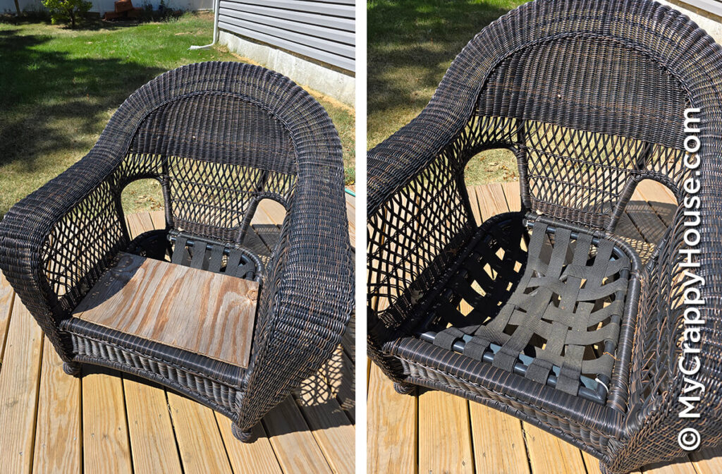 Wicker patio chair with a plywood seat support on the left and the sagging elastic webbing exposed on the right.