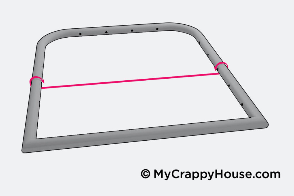 Illustration showing how to measure for replacement webbing across the chair frame, including the length needed to wrap around the metal tubes at both ends.