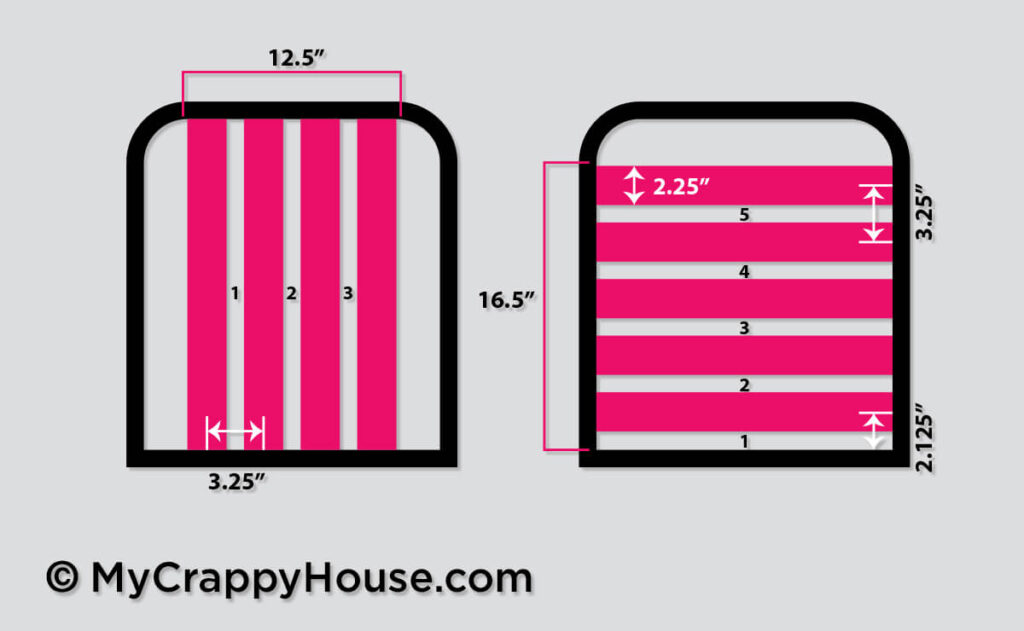 Diagram showing five horizontal and four vertical webbing strips on a chair seat frame with measurements called out.