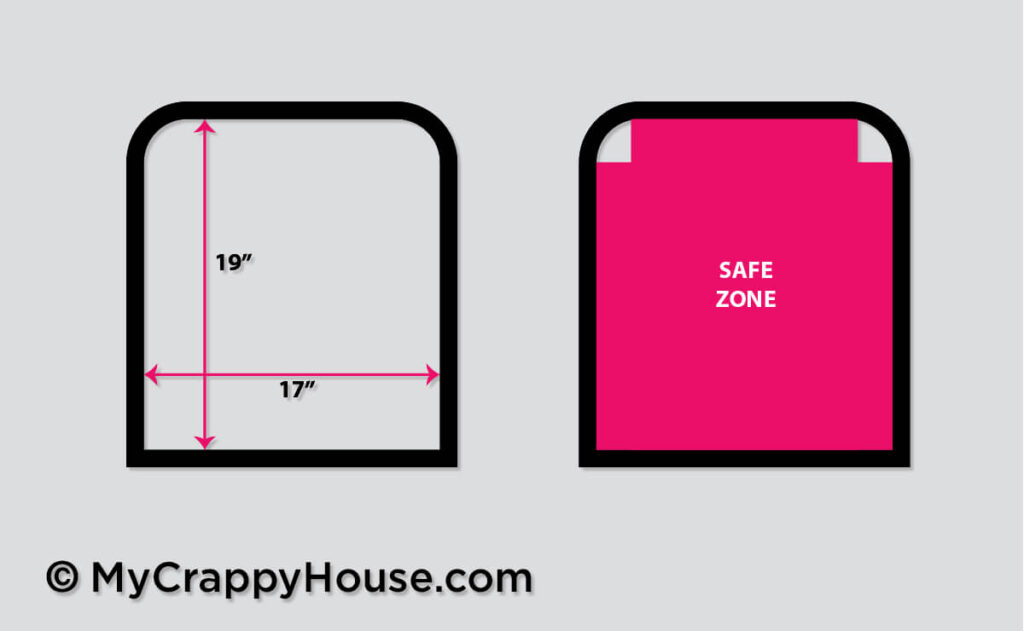 Side-by-side diagrams of a chair seat frame. One marks measurements of 19 inches by 17 inches; the other highlights the safe zone in pink, leaving the rounded upper corners unshaded.