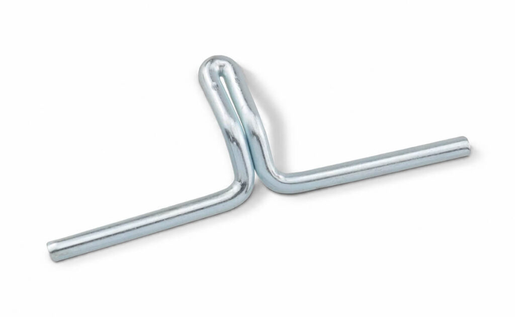 Silver metal lawn chair webbing clip with two straight arms and a curved center loop.